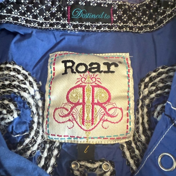 391 Roar Western Cowboy Top Blue Purple Embroidered Gem Shirt Large - Picture 5 of 9